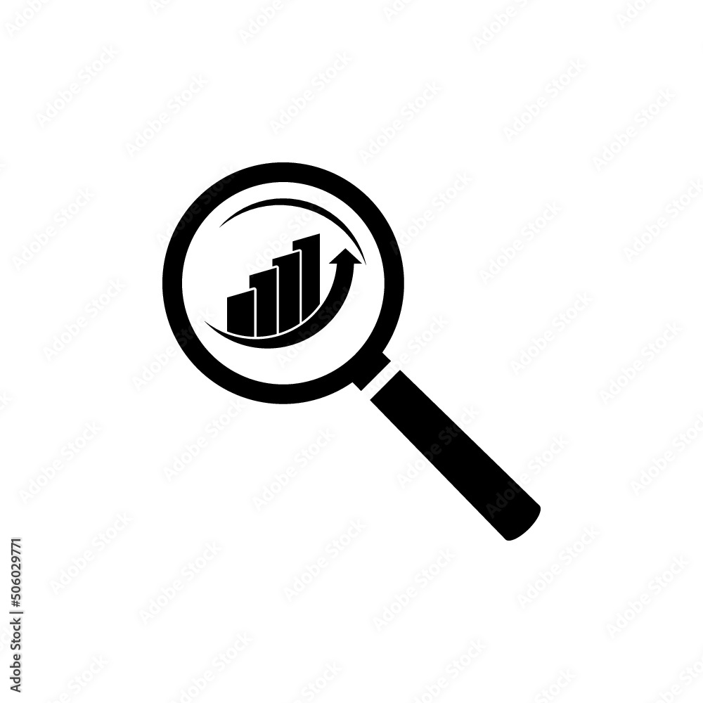 Audit analysis research icon. Magnifier glass inspecting growth graph chart isolated on white background Audit analysis research icon. Magnifier glass inspecting growth graph chart isolated on white background