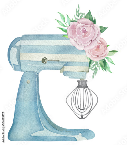 Watercolor blue pastry planetary mixer with a whisk and with flowers and greenery. Bakery illustration for invitation, pastry, menu, logos