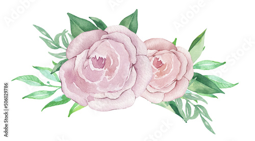 Watercolor illustration of pink roses flowers and greenery. Floral illustration for invitation, logos