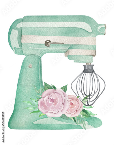 Watercolor mint turquoise pastry planetary mixer with a whisk and with flowers and greenery. Bakery illustration for invitation, pastry, menu, logos