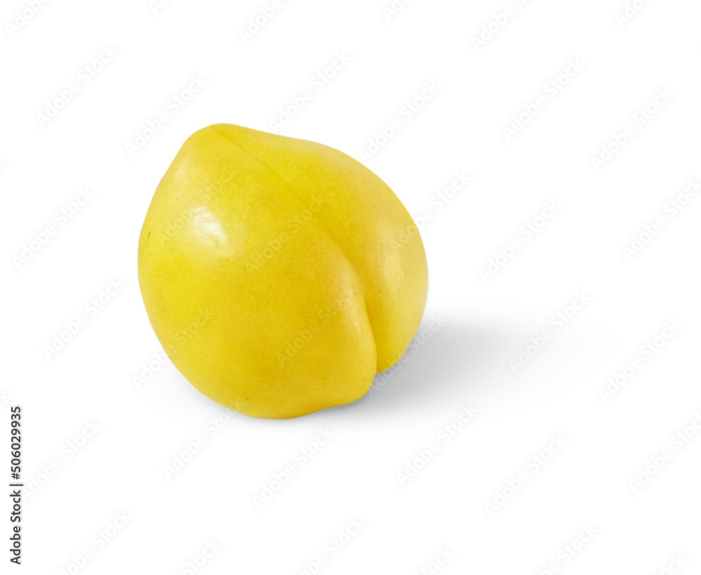 Whole part of one yellow peach isolated on white background with clipping path and shadow.