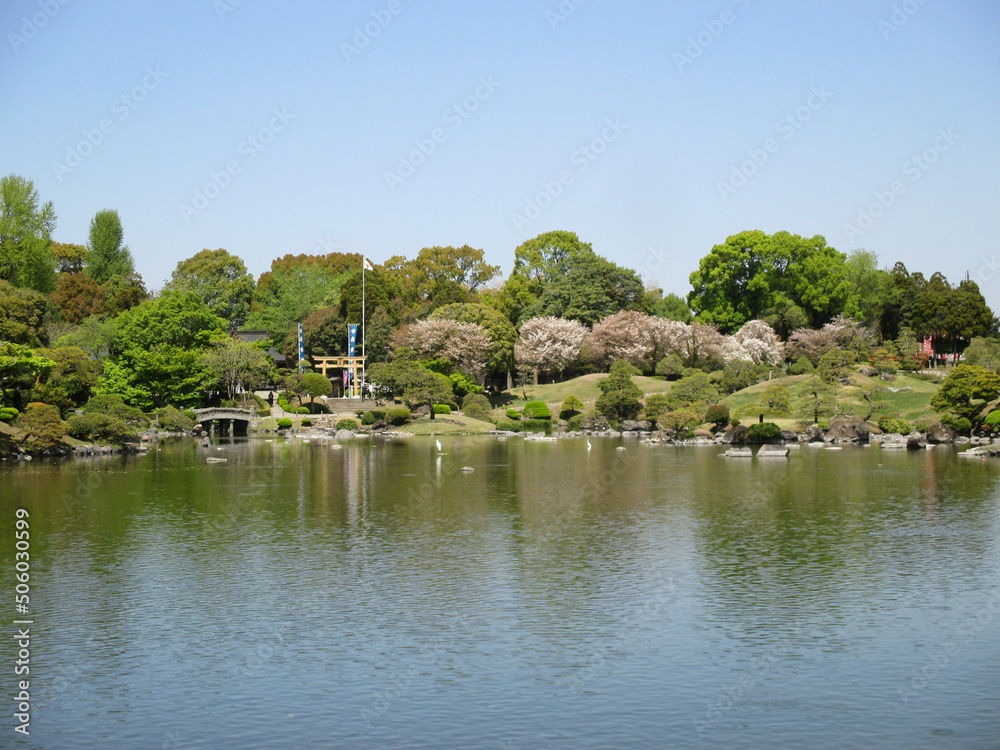 豊富な阿蘇伏流水が湧出して作った池を中心にした桃山式回遊庭園で、築山や浮石、芝生、松などの植木で東海道五十三次の景勝を模したといわれる大名庭園,熊本市にある水前寺成趣園