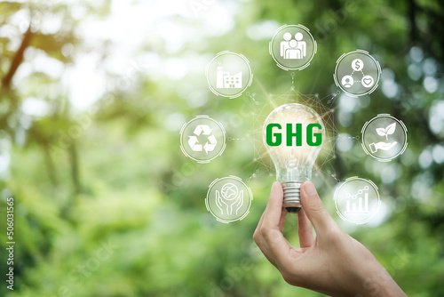 Hand holding light bulb with 'GHG, greenhouse gas’ on a beautiful green background. Business and GHG concept. Copy space. Greenhouse gas symbol. photo