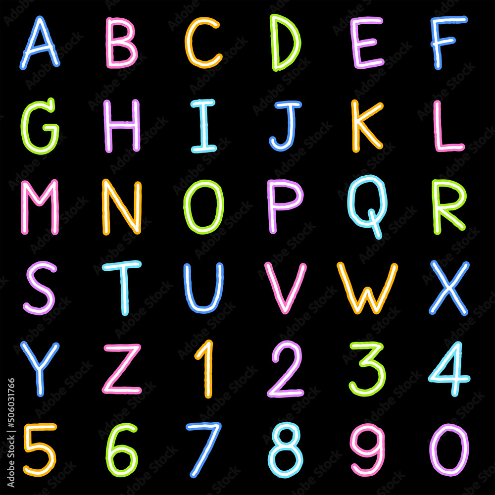 Cute Children Kids Font Letter Cartoon Style Hand Drawing Drawn Colorful All Cap English Alphabet Numeric Number Character Doodle Set Collection Black Neon isolated vector illustration Background Cute Children Kids Font Letter Cartoon Style Hand Drawing Drawn Colorful All Cap English Alphabet Numeric Number Character Doodle Set Collection Black Neon isolated vector illustration Background