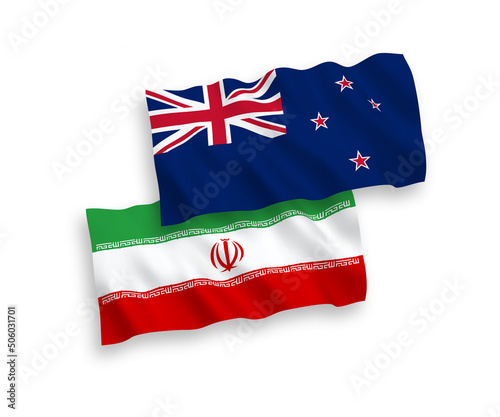 Flags of New Zealand and Iran on a white background