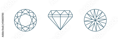 Round brilliant cut Line icon set. Side  and Front view. Diamond geometrich scheme. Vector 