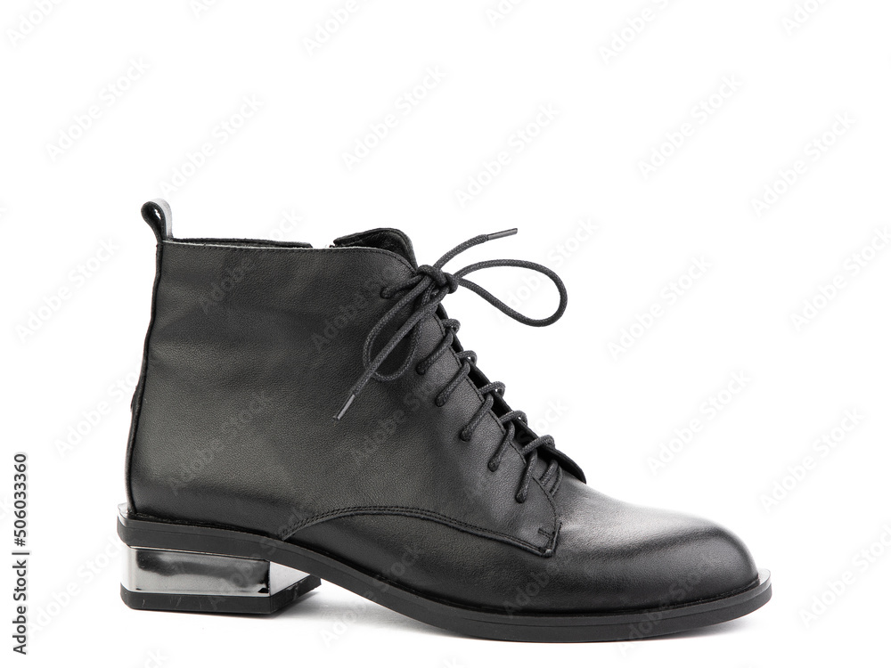 Women's autumn black leather jodhpur boots with black sole isolated on white background. right side view. Fashion shoes. Photoshoot for shoe shop Women's autumn black leather jodhpur boots with black sole isolated on white background. right side view. Fashion shoes. Photoshoot for shoe shop