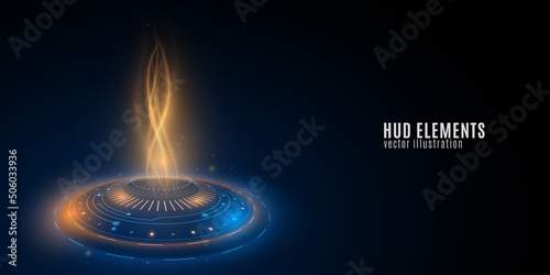 Futurustic HUD element with blue and yellow flash. Energy flow with lightning. Modern technology background. Glowing portal. Virtual graphic. Light effect. Vector illustration