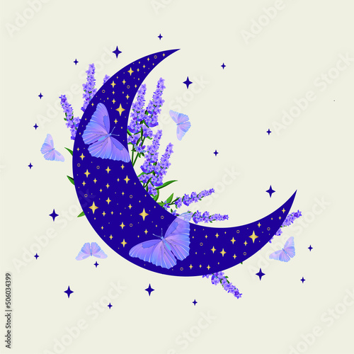 Crescent moon symbol. Beauty purple moon design. Celestial illustration.