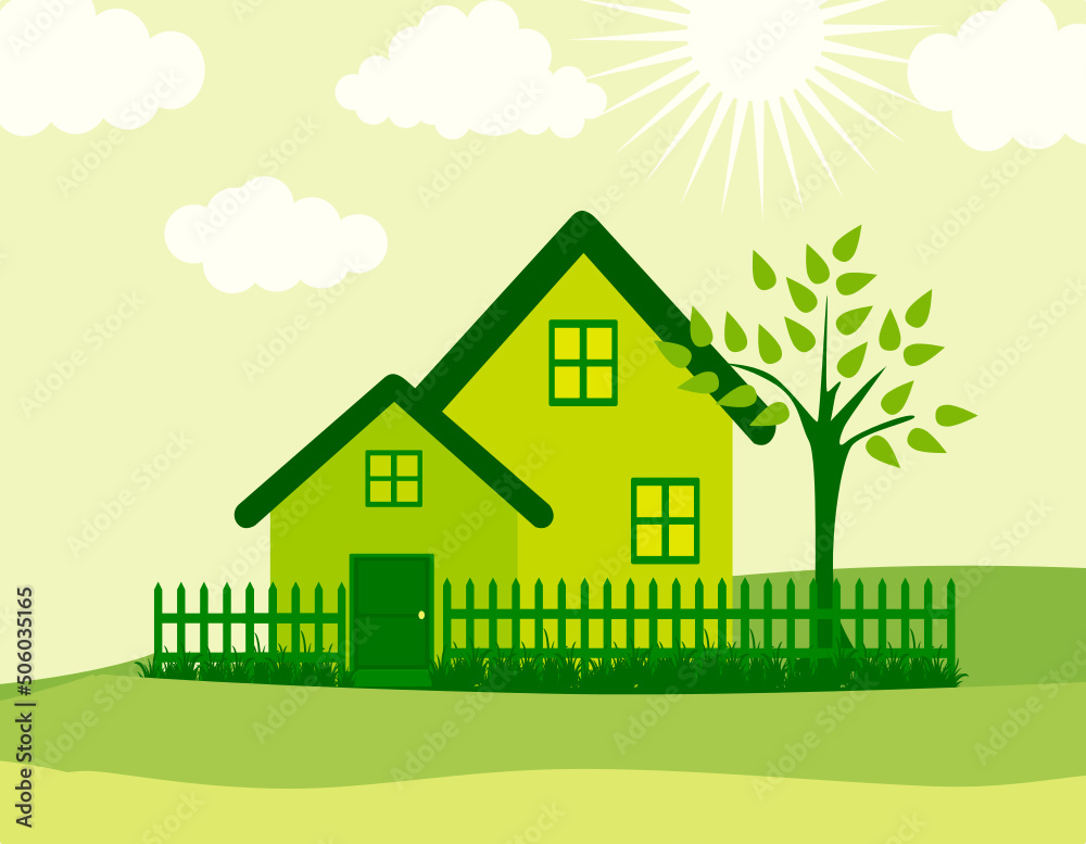 There is a forest and cut the trees and build a house. This green icon for cartoon, natura, environment, pollution, tree cut, destroyed, development, green, greenish theme and concepts.