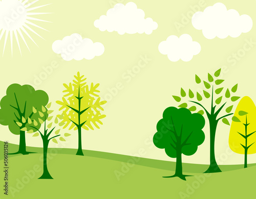 There is a forest and cut some trees. This green poster for cartoon  natura  environment  pollution  tree cut  destroyed  development  green  greenish theme and concepts.