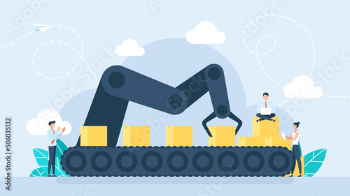 Automatic production conveyor. Tiny people working at the production line. Conveyor system. Automatic machine, package on the line. Robotic industry concept. Flat Style. Vector illustration 