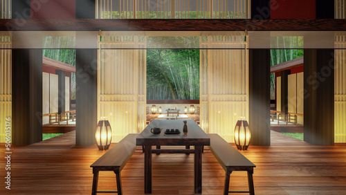 Billede på lærred 3D Rendering of a Retro Chinese Tea House