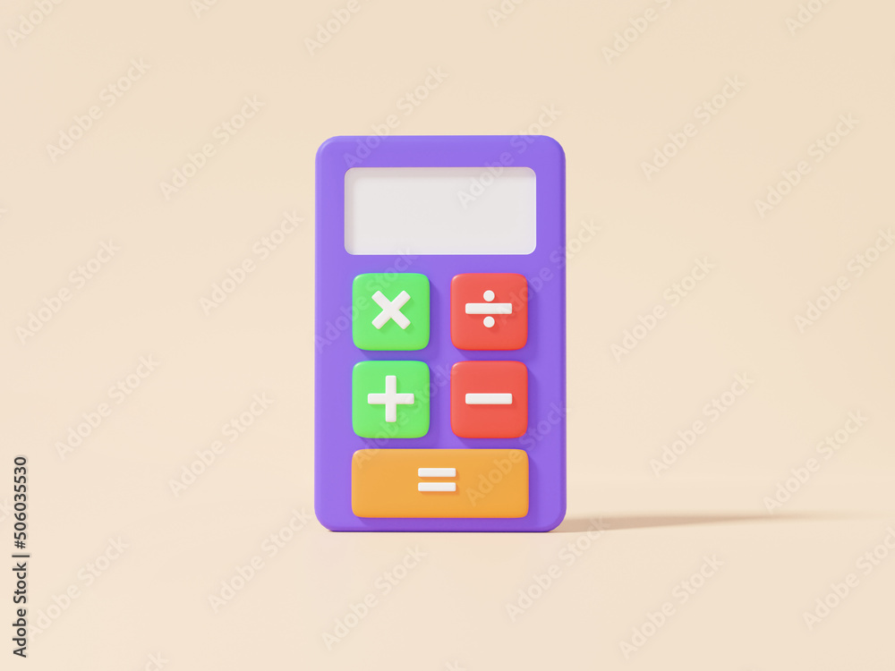 Purple calculator icon on cream pastel background, calculation math