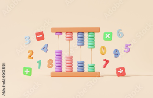 Abacus colorful with symbols math, plus, minus, multiplication, on cream pastel background, arithmetic game learn counting number concept, finance education, banner, 3d render illustration