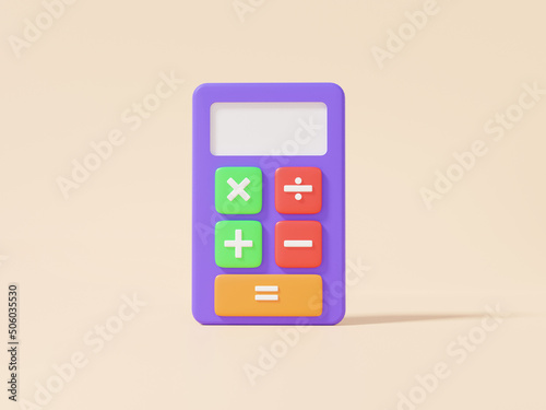 Purple calculator icon on cream pastel background, calculation math number, business financial graph economics analytics. Cost reduction saving learning education concept. 3d render illustration photo