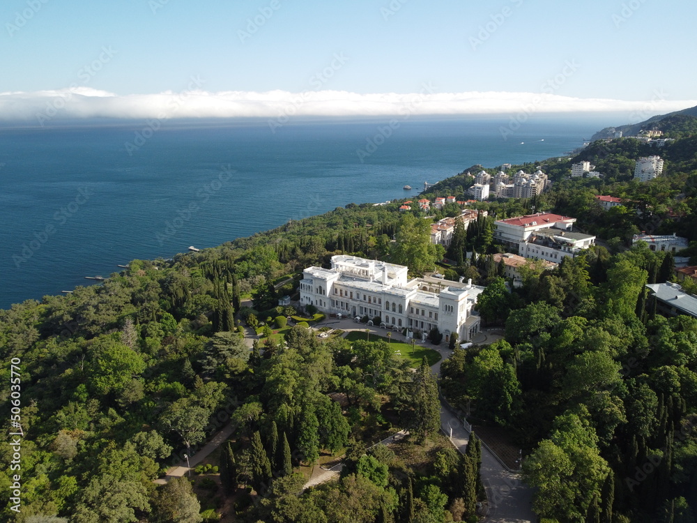 Obraz premium Aerial View of Livadia Palace - located on the shores of the Black Sea in the village of Livadia in the Yalta region of Crimea. Livadia Palace was a summer retreat of the last Russian tsar Nicholas II