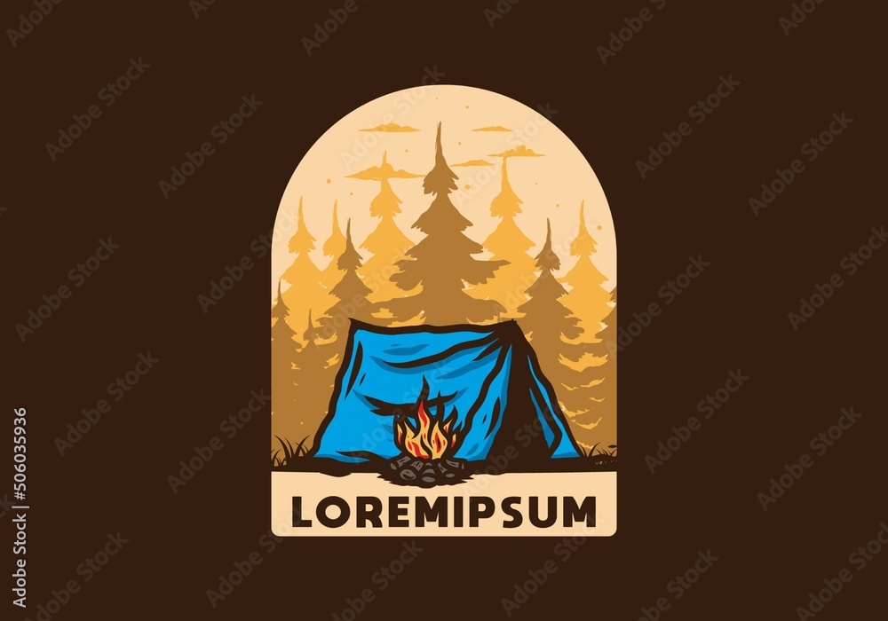 Forest camping with bonfire illustration badge