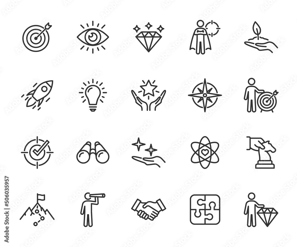 Vector set of mission, vision and values line icons. Business concepts. Pixel perfect. - obrazy, fototapety, plakaty 