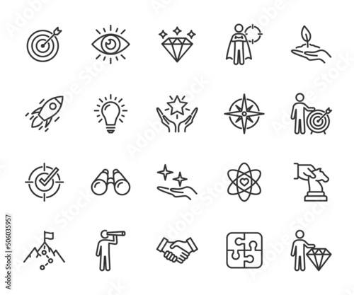 Vector set of mission, vision and values line icons. Business concepts. Pixel perfect. photo