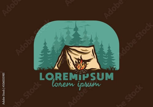 Forest camping with bonfire illustration badge