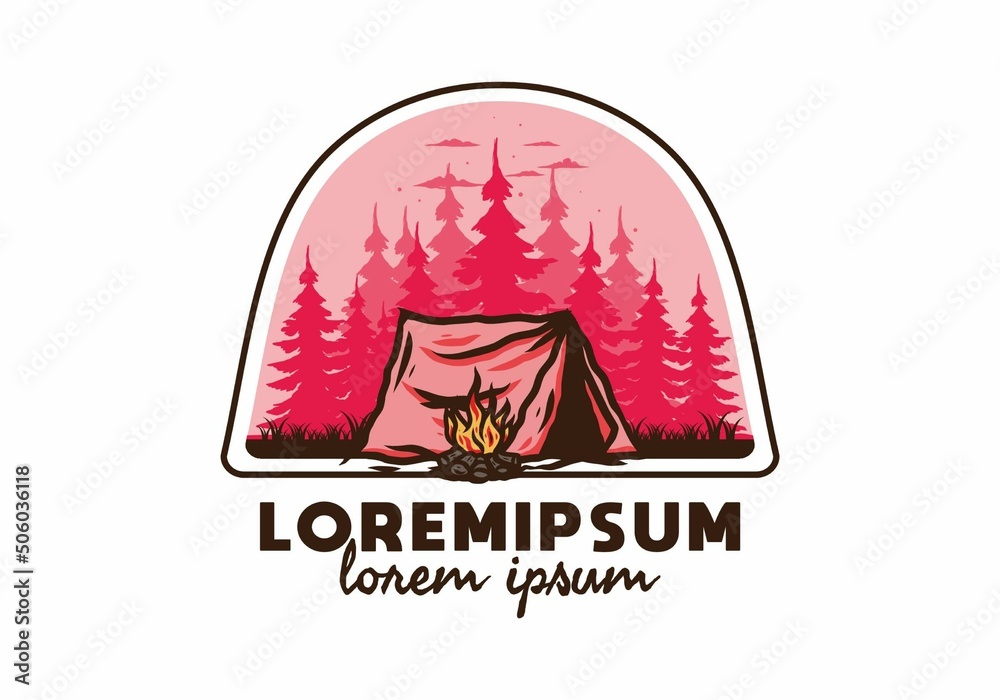 Forest camping with bonfire illustration badge Forest camping with bonfire illustration badge