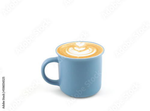 Hot latte coffee with art heart shape in blue ceramic mug isolated on whithe background. space for your text..
