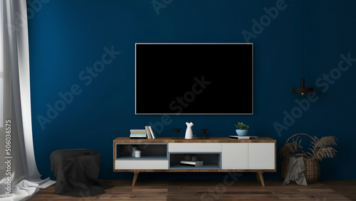 Tv interior room mockup with blank tv  blue wall  desk  stool  and hanging lamp.  3d Rendering. 3d interior