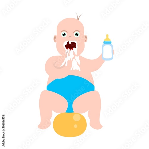 Baby vomits white milk. Cartoon cute baby drinking milk while holding milk bottle in hand and sitting on balloon. Vector illustration.