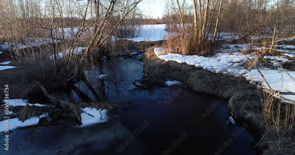 Moving bacwards over early spring river landscape in Estonia Moving bacwards over early spring river landscape in Estonia