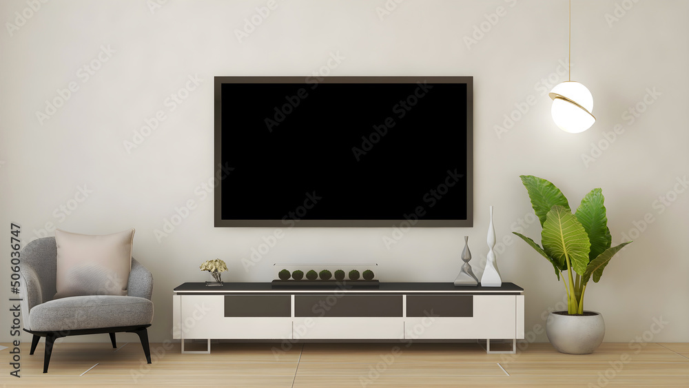 Tv room interior mockup with blank tv, desk and objects, gray chair, hanging lamp, and plant.3d Rendering. 3d interior