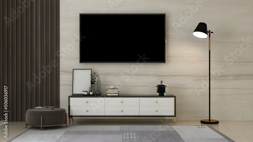 Tv room interior mockup with blank tv, white desk and objects, gray and marble wall, and floor lamp. 3d Rendering. 3d interior