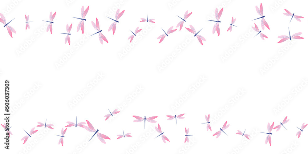 Exotic rosy pink dragonfly cartoon vector wallpaper. Spring ornate damselflies. Detailed dragonfly cartoon dreamy background. Delicate wings insects patten. Garden beings