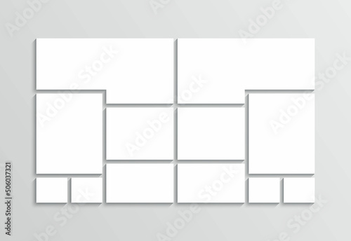 Collage template. Photo moodboard layout. Mood board grid. Mosaic pictures frame. Gallery banner. Album brandboard. Organised portfolio. White images isolated on gray background. Vector illustration