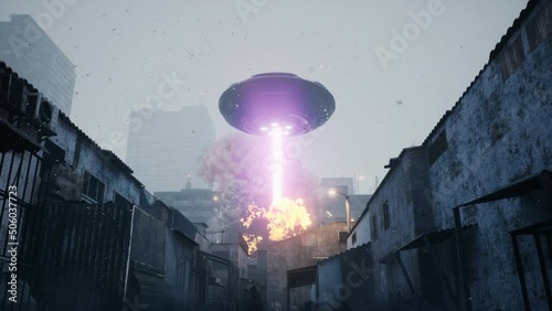 An alien invader ship destroys a city with a powerful laser. Apocalyptic alien invasion atmosphere. An alien apocalypse. The animation is ideal for apocalyptic, sci-fi and space backgrounds.