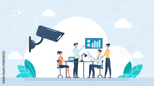 Corporate Control. Vector illustration of a CCTV camera takes pictures of office workers. Video surveillance, control, protection of workers. CCTV installation concept. Flat style. Vector illustration