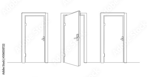Hall with closed and open entrance doors. Entrance to a room or office. Background for ads