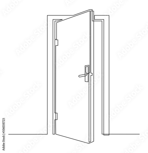 Hall with open front door. Entrance to a room or office. Continuous line drawing.