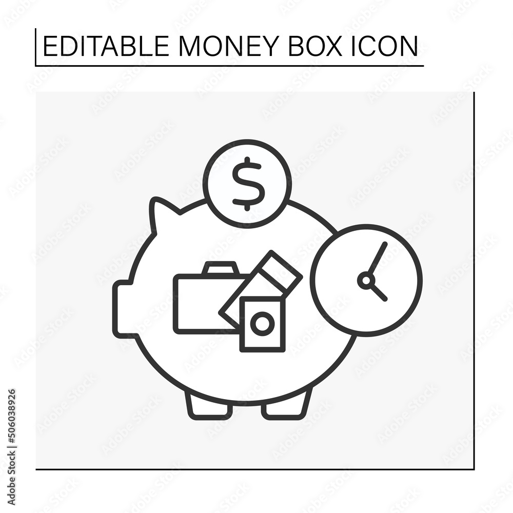 Moneybox line icon. Piggybank. Accumulation of money for planning trips. Tickets and suitcase. Wealth concept. Isolated vector illustration.Editable stroke Moneybox line icon. Piggybank. Accumulation of money for planning trips. Tickets and suitcase. Wealth concept. Isolated vector illustration.Editable stroke