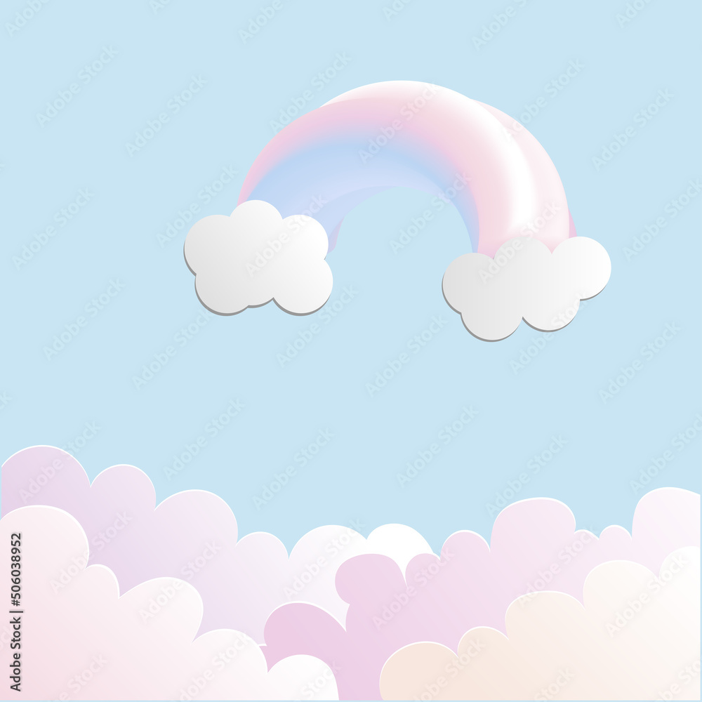 Rainbow and clouds in pastel color on blue background with free copy space. Vector illustration wallpaper. Fantasy  or fairytale concept.