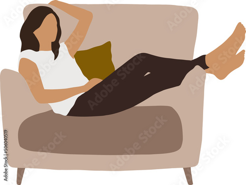 A young girl sits on a beige armchair and rests