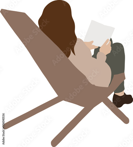 Woman sitting on a wooden chair and reading a book