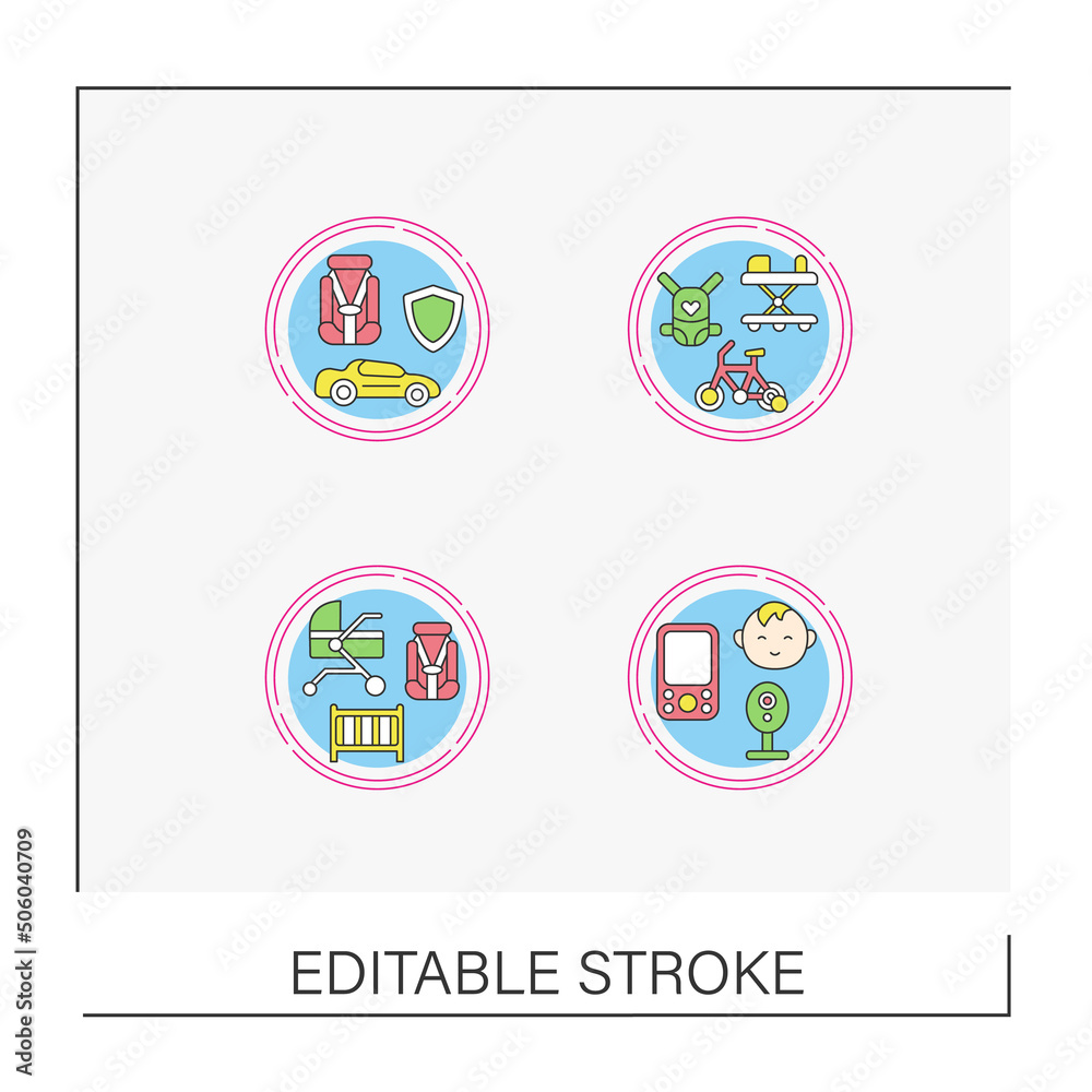 Baby concept icons set. Baby products. Treatment, toys and present for kids.Vector isolated conception metaphor illustrations.Editable stroke
