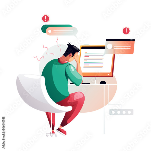 The irritable programmer did not cope with the task. Development of programming and coding technologies. A screen with codes, a developer working with a task. Isolated vector illustration.