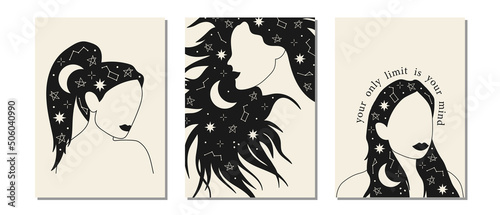 Hand drawn abstract woman faces in line art, boho style. Concept of spirituality, magic, witchcraft and mythic
