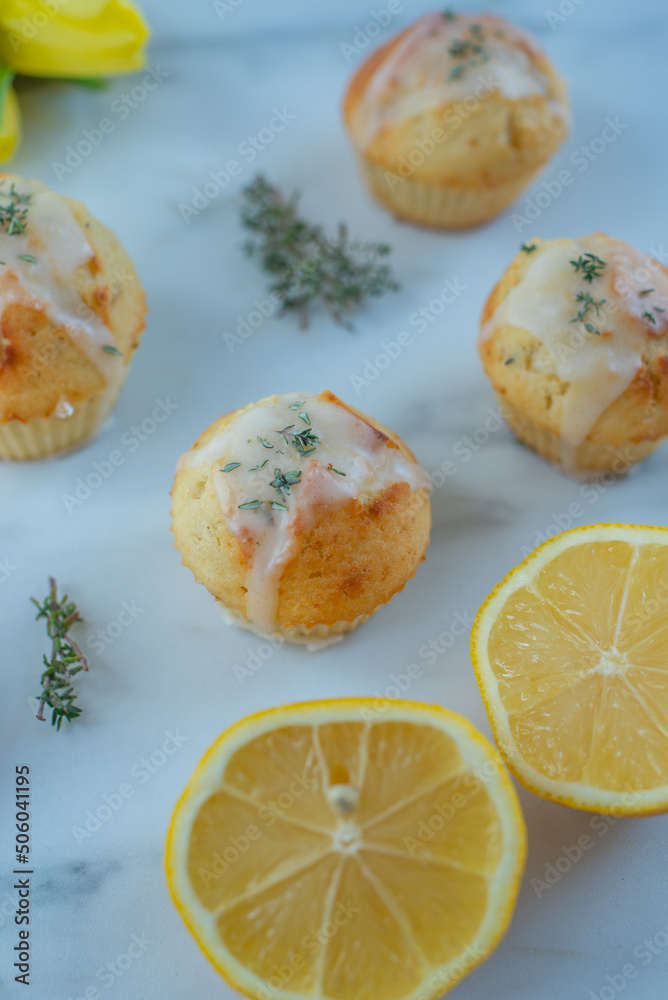 sweet home made vanilla lemon muffins with thyme