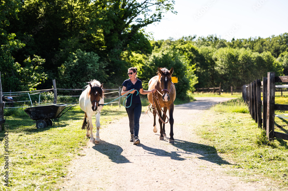 Truly happy smiling farmer woman leading two horses toward camera on beautiful sunny spring day. Countryside horse ranch life. Truly happy smiling farmer woman leading two horses toward camera on beautiful sunny spring day. Countryside horse ranch life.