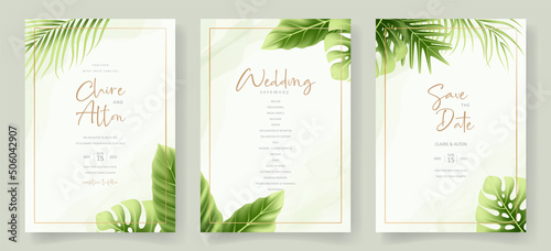 Wedding invitation template with realistic tropical summer leaves