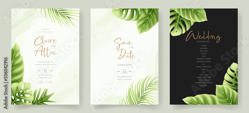 Wedding invitation template with realistic tropical summer leaves