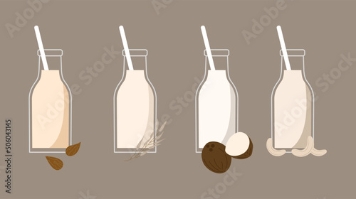 set of plant milk almond oats coconut and cashew